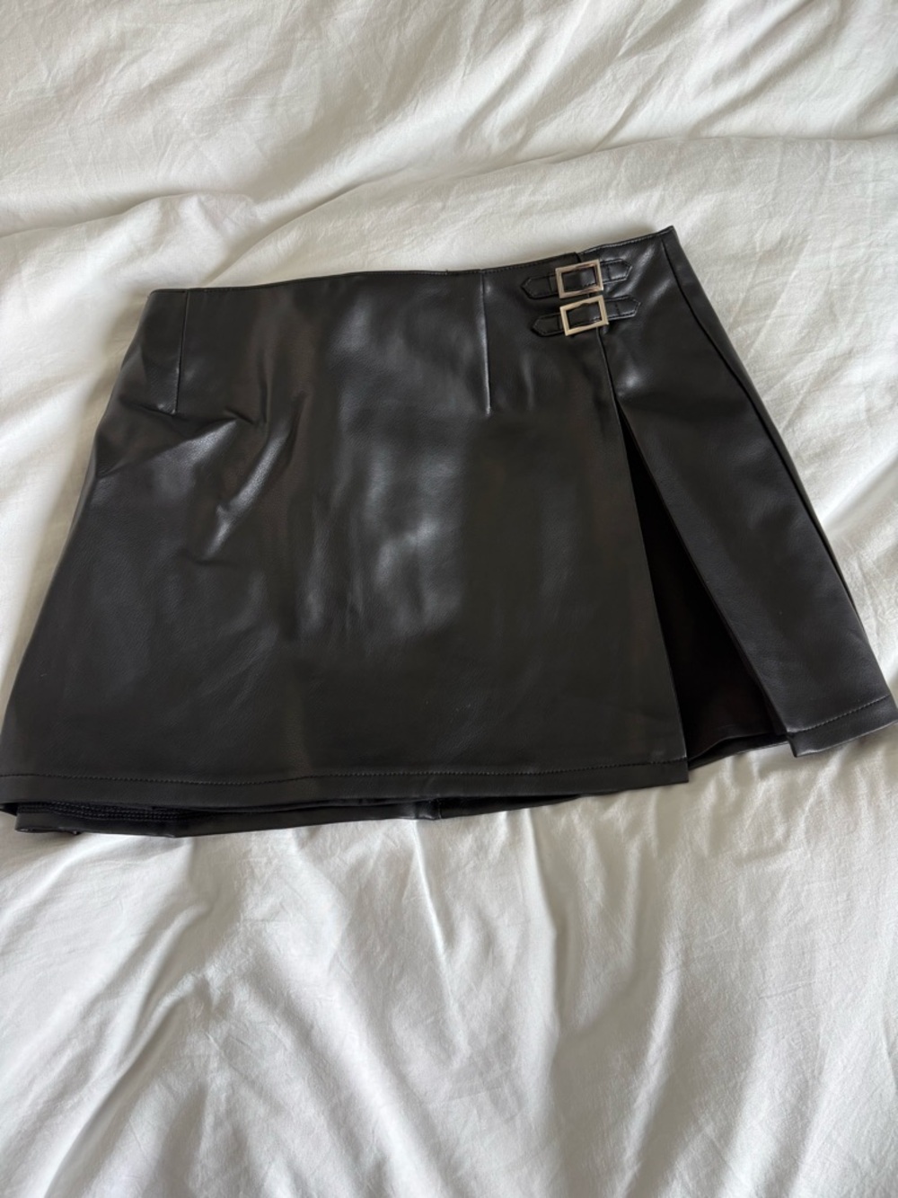 Superdown Black Faux Leather Mini Skirt with Side Buckle Detail